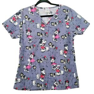 Disney Minnie Mouse Womens Scrub Top S Purple V-Neck Short Sleeves 100% Cotton C